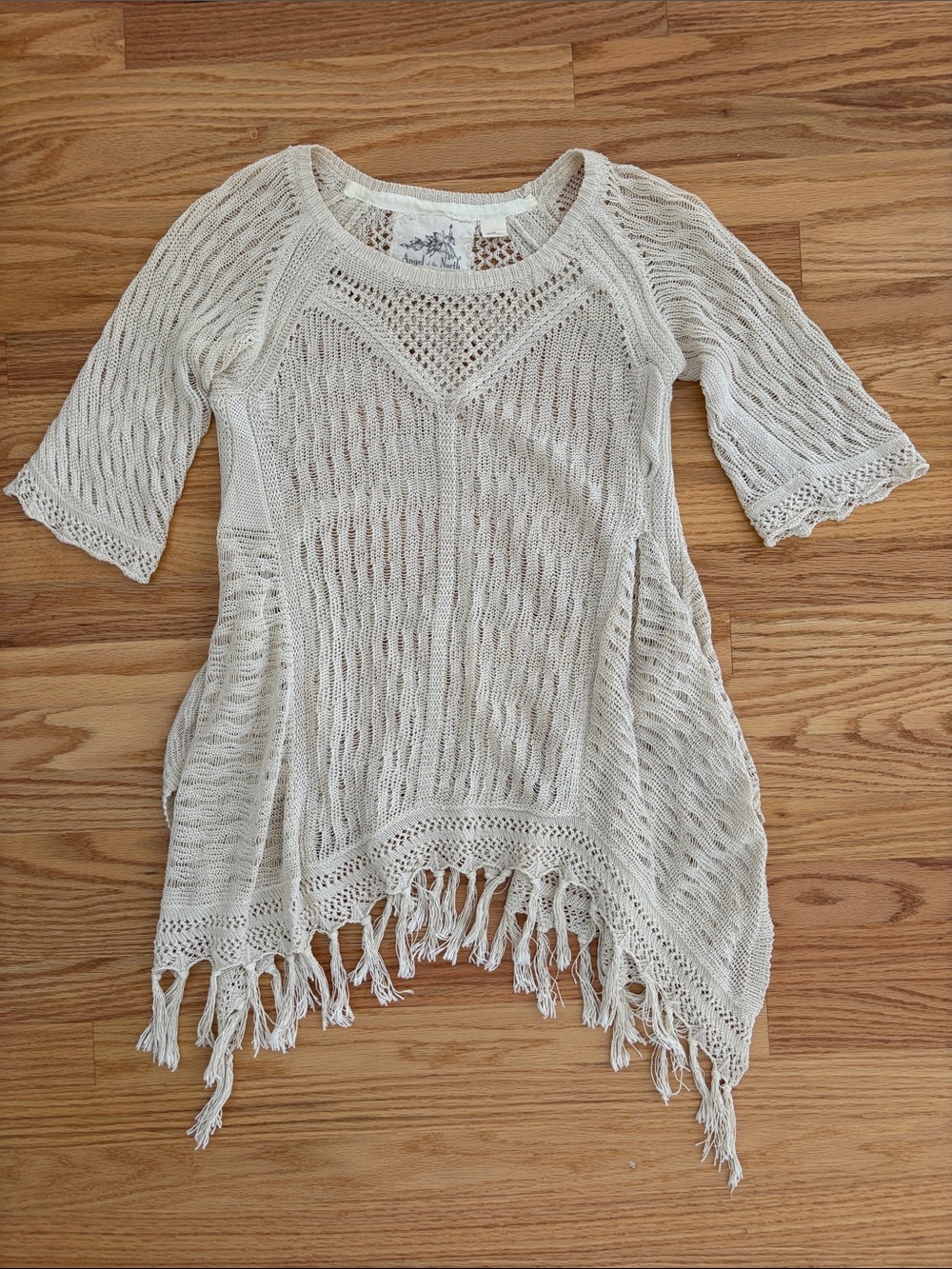 Anthropologie Cream Open-Knit Fringe Poncho Sweater